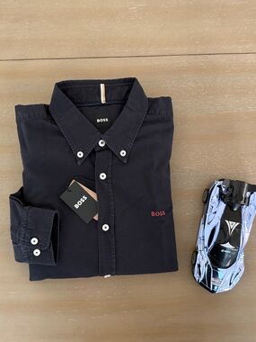 BOSS Men's Black Button-Down Shirt with Red Logo